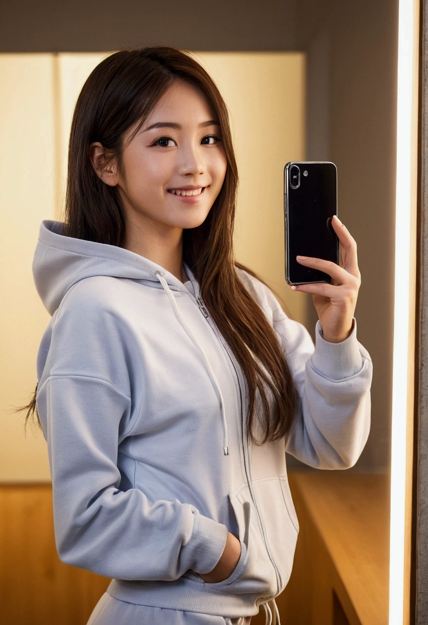 (Highest quality,masterpiece:1.3,Ultra-high resolution),(Very detailed,Caustics,8k),(Realistic:1.4,RAW shooting),1 girl,(Smiling and looking down at the camera)Wearing a tracksuit, summer, in front of a mirror, selfie, taking a picture of yourself in the mirror with a smartphone, semi-long hair, college student, very cute, Japanese, Japanese person, full body shot