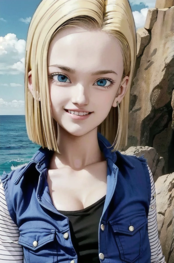 android 18,blonde hair, Long Straight hair, blue eyes, vest, black shirt, long sleeves, denim jacket, looking at viewer, smile Face, close up portrait, outside, beach, ocean, blue sky, trees, rocks, high quality, masterpiece,  sexy body, perfect breasts, slightly torn shirt on the chest