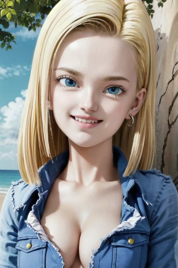 android 18,blonde hair, Long Straight hair, blue eyes, vest, black shirt, long sleeves, denim jacket, looking at viewer, smile Face, close up portrait, outside, beach, ocean, blue sky, trees, rocks, high quality, masterpiece,  sexy body, perfect breasts, slightly torn shirt on the chest