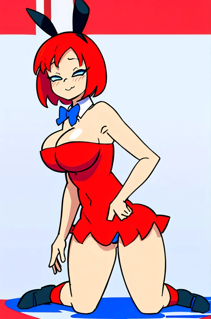 [less8 Pacman ghost], ((masterpiece)), ((High Definition)), ((high quality)), ((detailed shading)), ((beautiful rendering art)), ((solo portrait)), ((Whole body)), ((Front view)), ((intricate details)) , kneeling, in a strip club,playboy bunny, Red suit ,socks negras, socks . , blue eyes, Red hair, , short hair, big breasts, shoes, red shoes, defined neckline,(Blue socks), human,hair ornament, white rabbit tail, Alone, looking at the viewer, very sensual, blushing, mischievous smile, shy pose