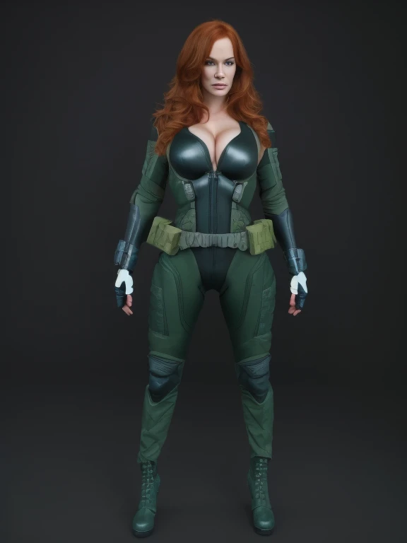 Imagine Christina Hendricks as a Metal Gear Solid character, powerful female character, short wavy orange hair and bright blue eyes, 48 years old, high-quality face study of Christina Hendricks, (Christina's sculpted cheekbones and slight wrinkles around the face), intricate high-quality study of Christina Hendricks buxom physique, striking and mature facial features, agile and athletic build, (Wearing: Fingerless Gloves, skin-tight suit, black and green stealth suit, cleavage cutout, utility belt, metallic armlets, armored boots, gun holsters), The suit is so tight that Christina Hendricks breasts barely fit in it, The suit emphasizes her stealth and combat prowess. Stealthy and formidable presence of the character, hyper-realistic rendering to capture every minute detail, showcasing the mastery of digital portrait artistry, ultimate photorealistic quality, highly detailed facial expression showcasing the determination and strategy of the character, subtle hints of high-tech and militaristic elements reflecting the true essence of the Metal Gear Solid universe, vibrant colors with deep gray’s and contrasting cool tones, creating a visually striking and captivating portrait.
