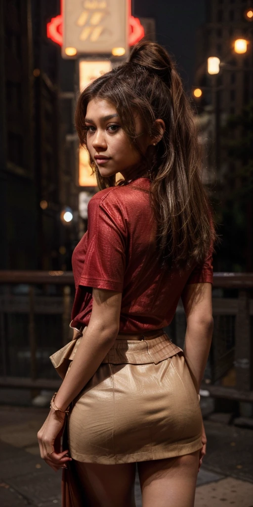 Zendaya, sexy, neckline, upskirt, red marsala blouse, beige skirt, red marsala t-shirt, tight clothes, goosebumps photo, Instagram photo, in New York City, at night, elegant, above view, close up portrait, expressive eyes, focus on eyes 