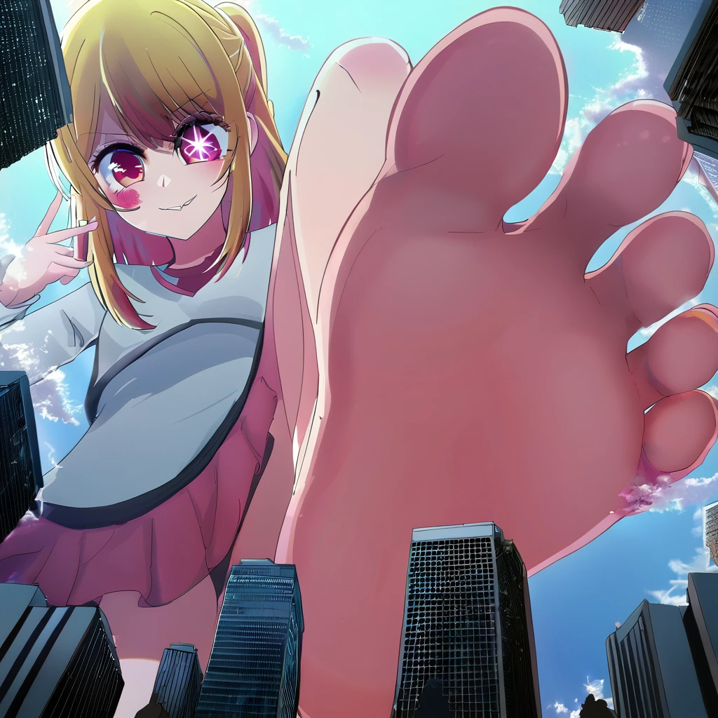 1 girl, oshi no ko, ruby hoshino, stepping,(pov from above:1.3), stepped on, pov, low angle, no shoes, feet, looking down, toes, one foot out of frame, leg lift, foot focus, barefoot, standing on one leg,  depth of field, outdoors,( foreshortening:1.2), facial blur, blurry face, building, city, sky, cloud, giantess, mega size, masterpiece, best quality, absurdres, ultra detailed, smirking, glaring, blonde, 6 pointed star pupil on right eye, five toes, detailed star pupil