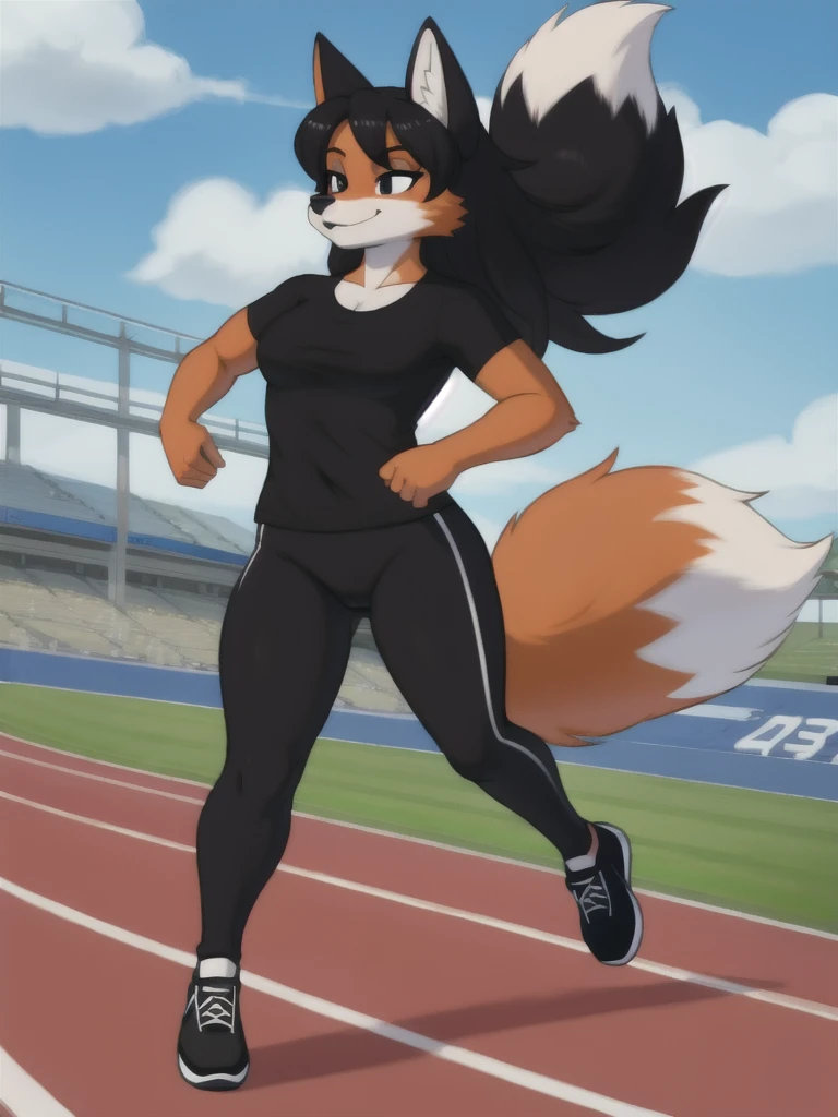Furry, fox, female, black shirt, black leggings, shoes, running track, solo, full body
