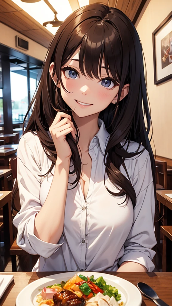 Gal、Wearing a shirt、During meals、restaurant、From the chest up、laughing、Her hair is brown.、Around 25 years old、Anime style illustrations