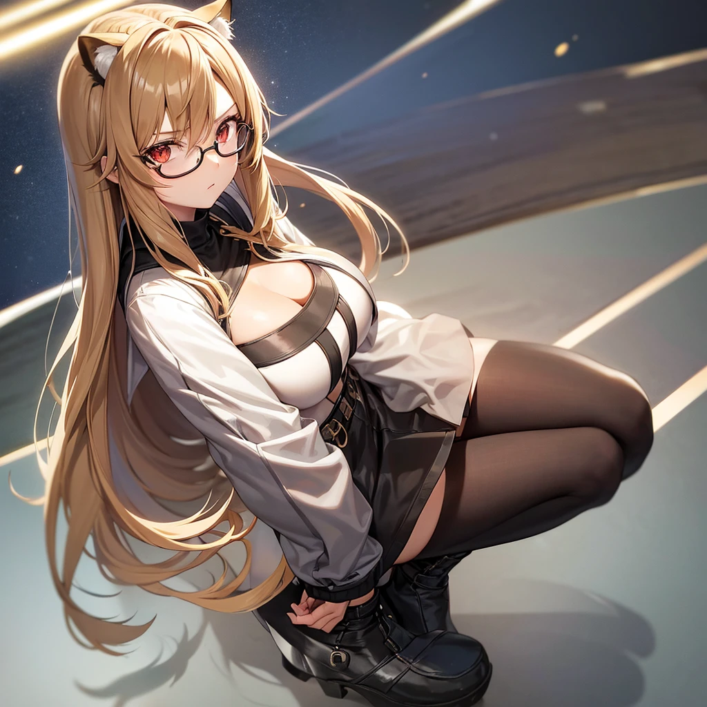 asuna,sao, crown half up hairstyle,, look up to, Perfect body, woman, mature female, very short hair, hime cut, parted bangs, light brown hair, streaked hair, extremely beautiful detailed anime face and eyes, arrogant smile, tareme, animal ears, ,p, large breasts, Red eyes, kunder-rim eyewear, fur trim, jacket|hoodie, black gauze skirt, black footwear, open jacket, aqua Clothes, dusk, dusk sky,