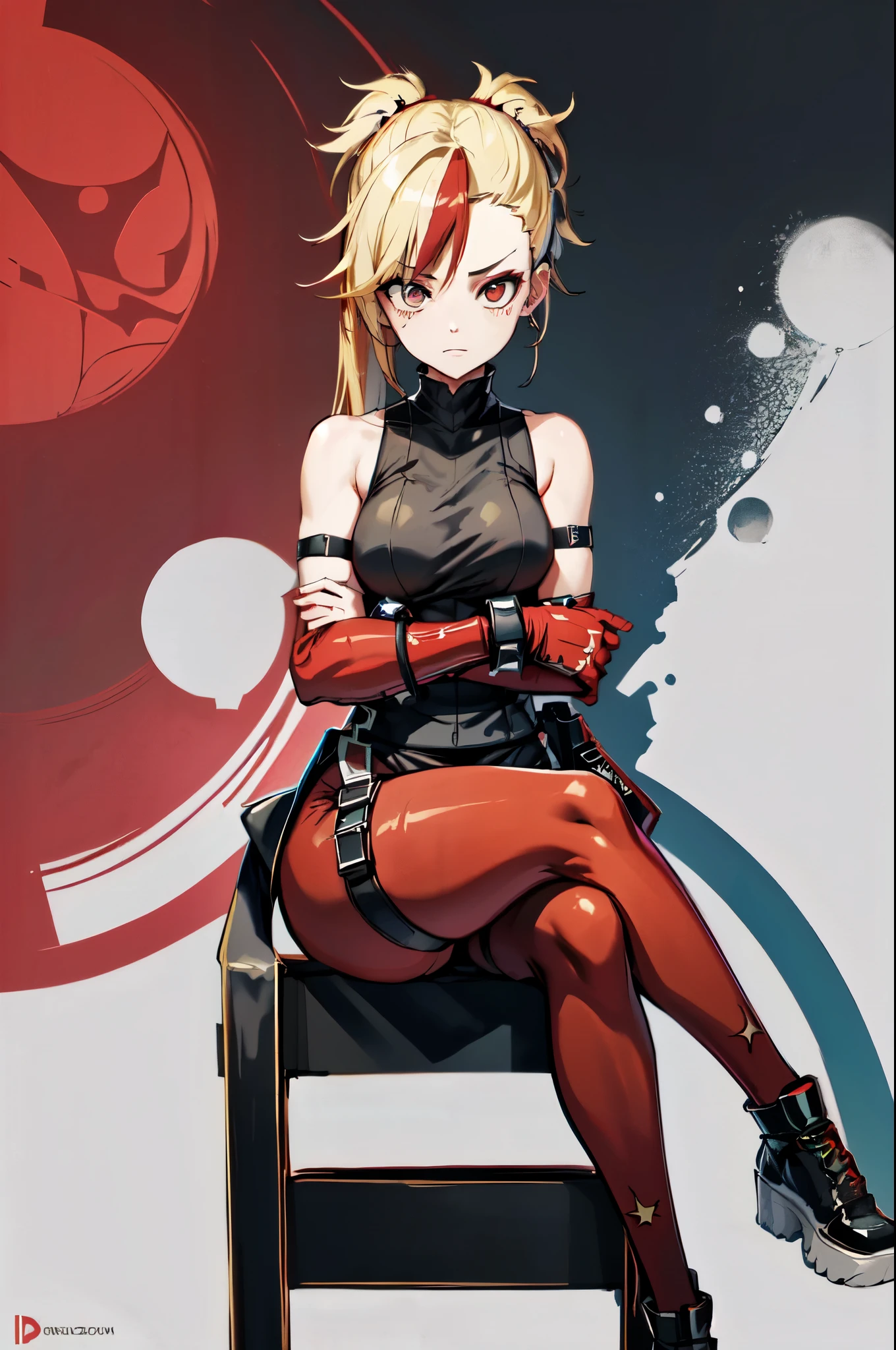 (masterpiece, best quality:1.2), red glowing eyes, red eyes, the eyes are red, perfect face, strong make up, highres, 1 girl, ultra long ponytail, (female:1.5), strife, blonde hair streaked with lots of red highlights, two colors hair (blond and red), hight flame mistress outfit, shoulder armor, sleeveless turtleneck, suspenders, belt, gloves, bracer pre potent smile, crossing legs, crossing arms , evil smile, evil pose, sitting, portrait, looking at viewer,  Her hair is streaked with lots red and blonde highlights, moon tribal tattoo.