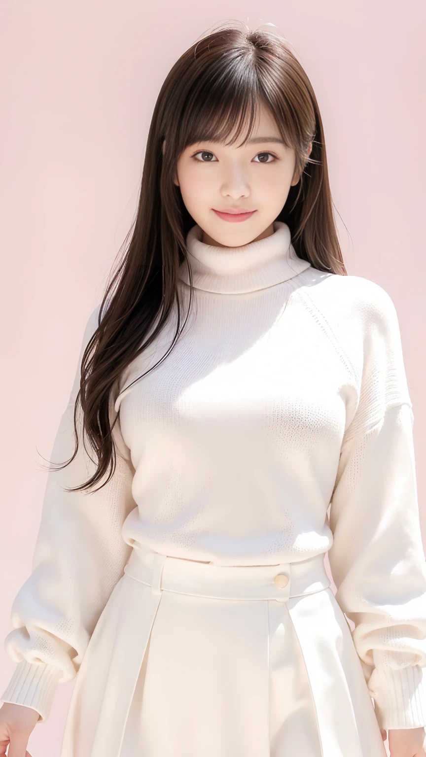 (Highest quality、Tabletop、8k、Best image quality、Ultra-high resolution、Award-winning works)、One beautiful woman、alone、Accurate anatomy、(Face close-up:1.2)、(The perfect white turtleneck long knit sweater:1.2)、Smooth long knit sweater、Relaxed oversized knit、(Voluptuous body:1.2)、(Big Breasts:1.2)、(Accentuate your body lines:1.1)、Ultra-high resolutionの艶と潤いのある美肌、Ultra-high resolutionの美しい顔、Ultra-high resolutionの煌めく瞳、Ultra-high resolutionの完璧な歯、Ultra-high resolutionの髪の毛、Look at me and smile、Perfect Makeup、Perfect and precise white knit、(Pale pink plain background:1.3)