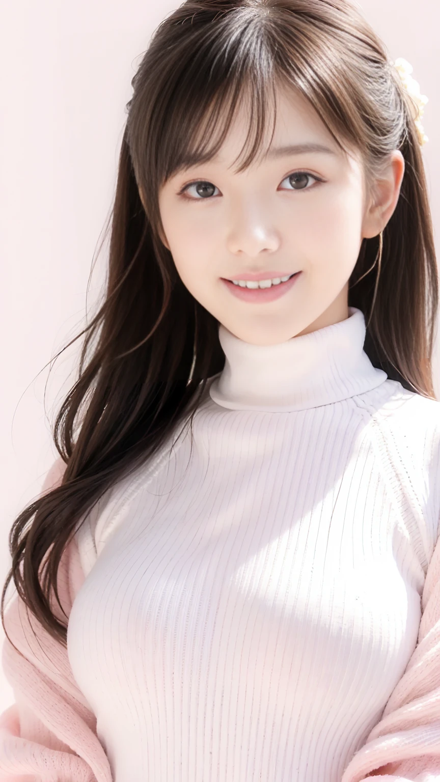 (Highest quality、Tabletop、8k、Best image quality、Ultra-high resolution、Award-winning works)、One beautiful woman、alone、Accurate anatomy、(Face close-up:1.2)、(The perfect white turtleneck long knit sweater:1.2)、Smooth long knit sweater、Relaxed oversized knit、(Voluptuous body:1.2)、(Big Breasts:1.2)、(Accentuate your body lines:1.1)、Ultra-high resolutionの艶と潤いのある美肌、Ultra-high resolutionの美しい顔、Ultra-high resolutionの煌めく瞳、Ultra-high resolutionの完璧な歯、Ultra-high resolutionの髪の毛、Look at me and smile、Perfect Makeup、Perfect and precise white knit、(Pale pink plain background:1.3)