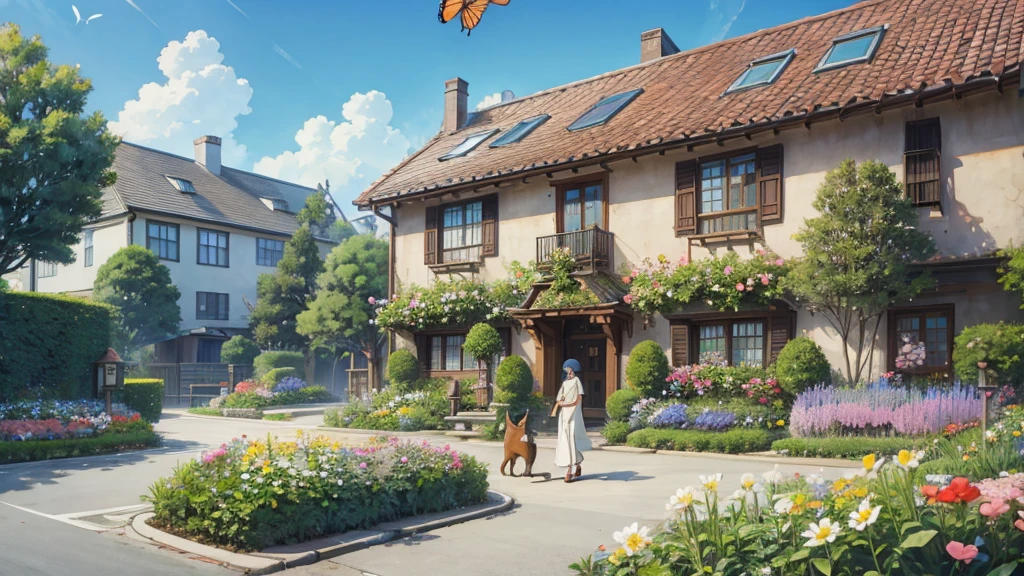 Studio ghibli, neighborhood with many flower beds, shot from the street, walking a cat and flying butterflies