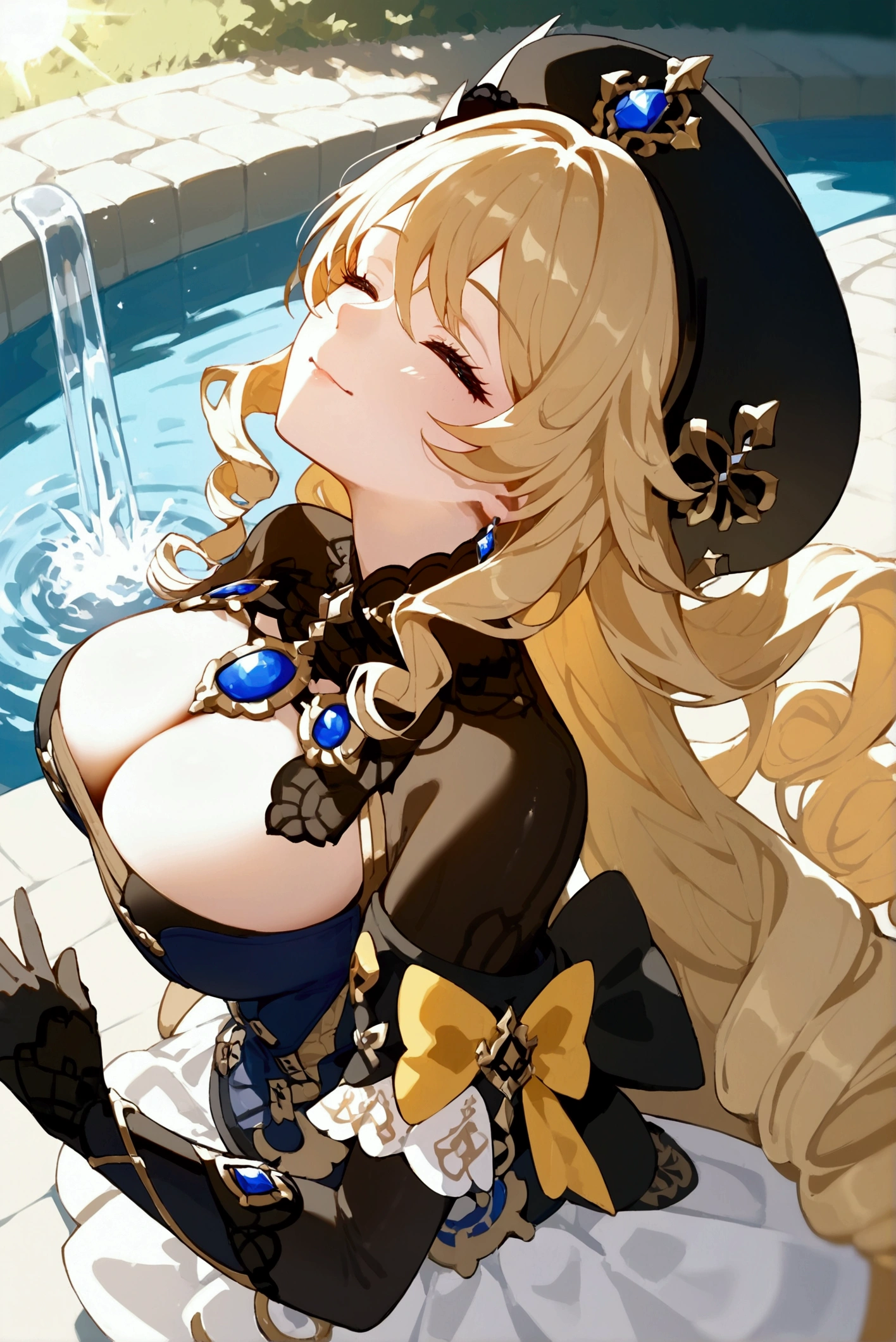 score_9, score_8_above, fountain_cheered up, big breasts, 1 girl, Alone, Navia, Genshin impact, curly hair, very long hair, blond hair, blue eyes, with light skin, Shrug \(CLOTHES\), black gloves, latex, on one side, Arched back, closed eyes, happy, paw posture, yellow background, Sun rays background