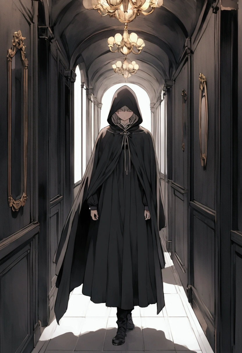 a black cape with a hood without details and does not reveal what is underneath anime style in the hallway of a very very dark school ( only the layer that does not show what I left there )