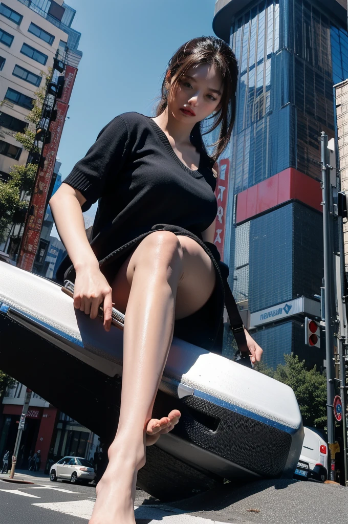 best quality, masterpiece, ultra high resolution, (realistic:1.4), RAW photos, 1 woman, a giant in the city, stepping on a vehicle, Magnificent images