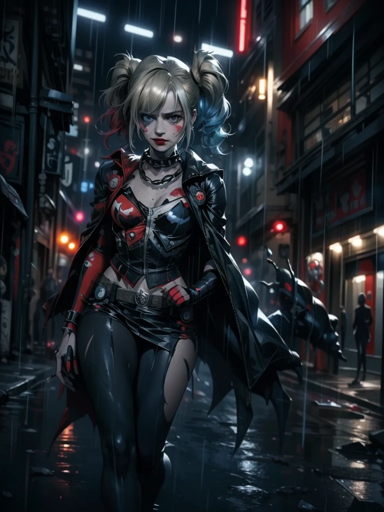Full shot, Harley Quinn wearing the Batsuit in the heavy rain. on the streets of ghotam city in a neo city style. serious expression. walking. batman suit, batman cape flying through the air behind her. accessories related to batman and harley. overnight. detailed. detailed face. professional illustration. dark colors. Anime style. Anime.