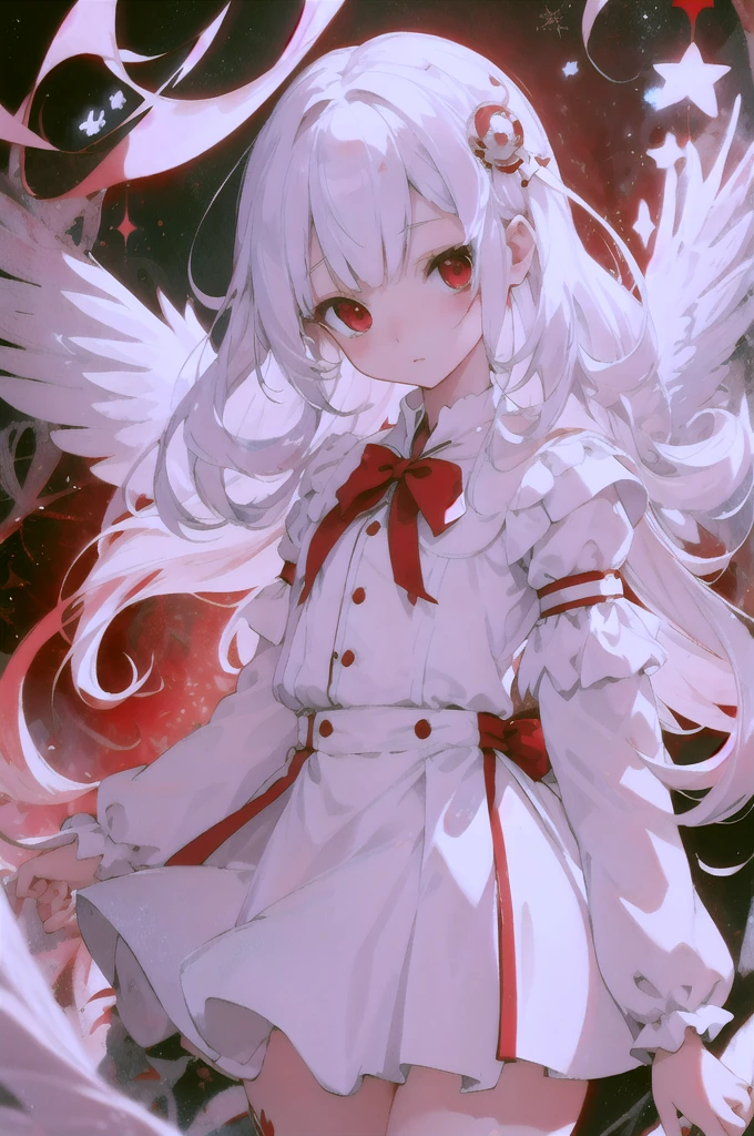beautiful illustration, best qualityer, beautiful little, (transformation sequence), transform magical girl, chibi, white magical girl, Fractal Art, albino, baby face, pure white and red mesh long hair, beautiful detailed red eyes, cinematic lighting, cowboy shot, looking ahead at viewer, no back ground