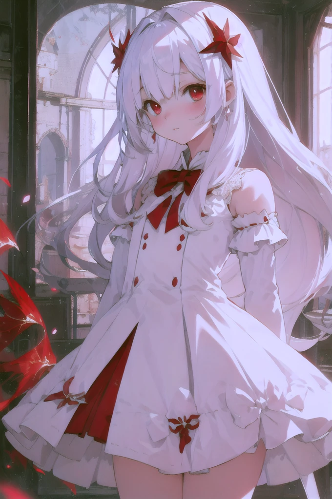 beautiful illustration, best qualityer, beautiful little, (transformation sequence), transform magical girl, chibi, white magical girl, Fractal Art, albino, baby face, pure white and red mesh long hair, beautiful detailed red eyes, cinematic lighting, cowboy shot, looking ahead at viewer, no back ground
