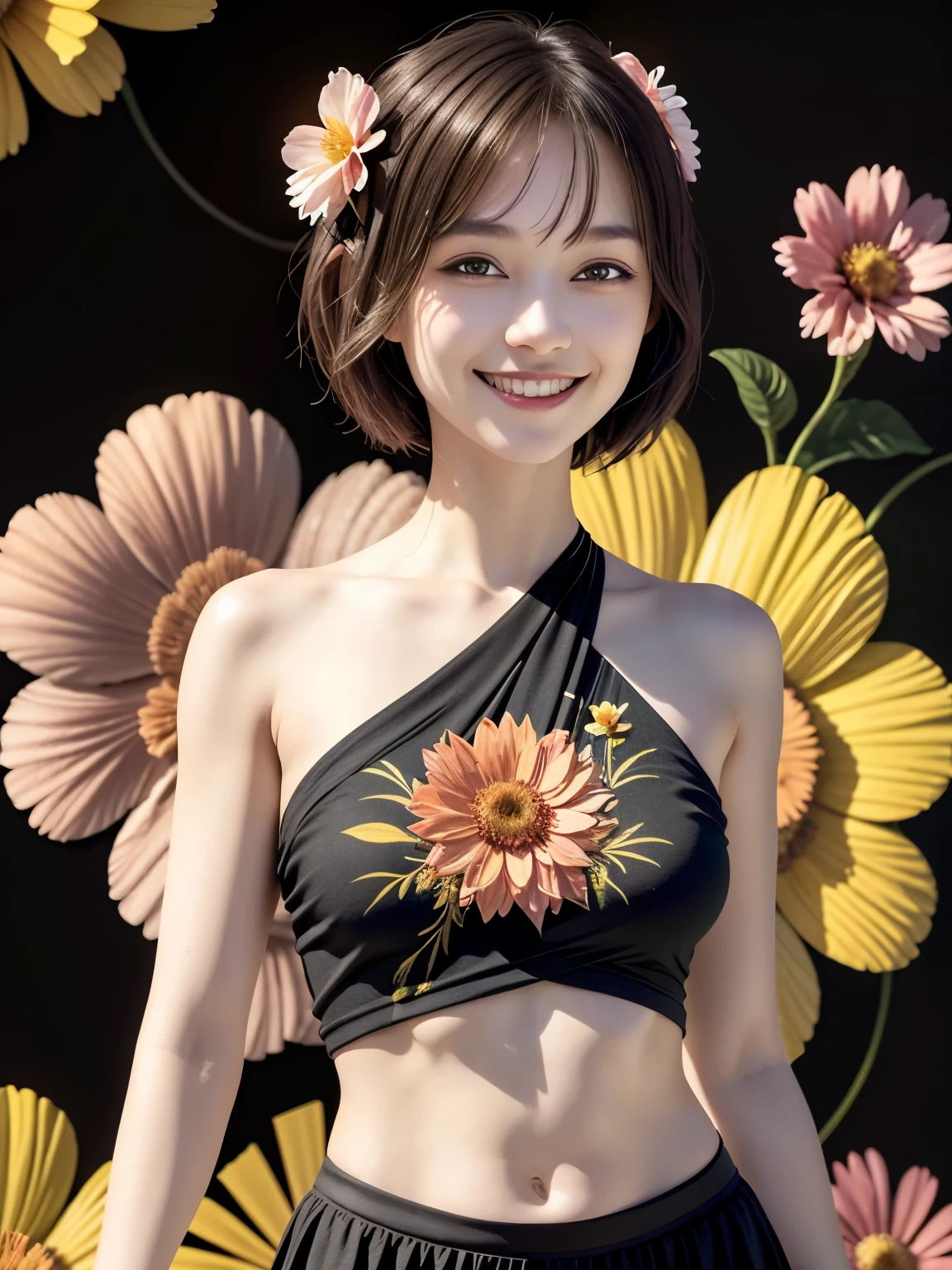 257 20-year-old female, (short hair),(Abstract background,Fractal Art), smile, flower