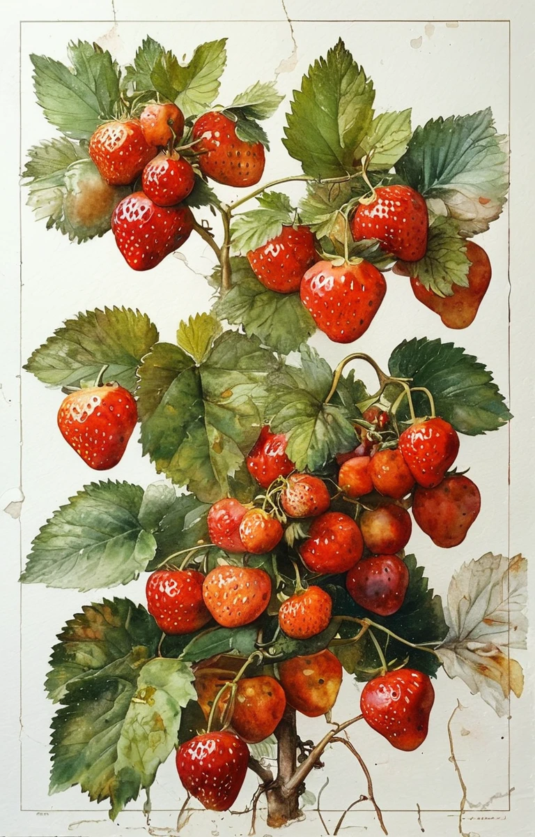 a sprig of a some strawbery fruit in watercolor style, strawbery fruit plantation in the background, against solid white isolated color, in style of Michelangelo Buonarroti