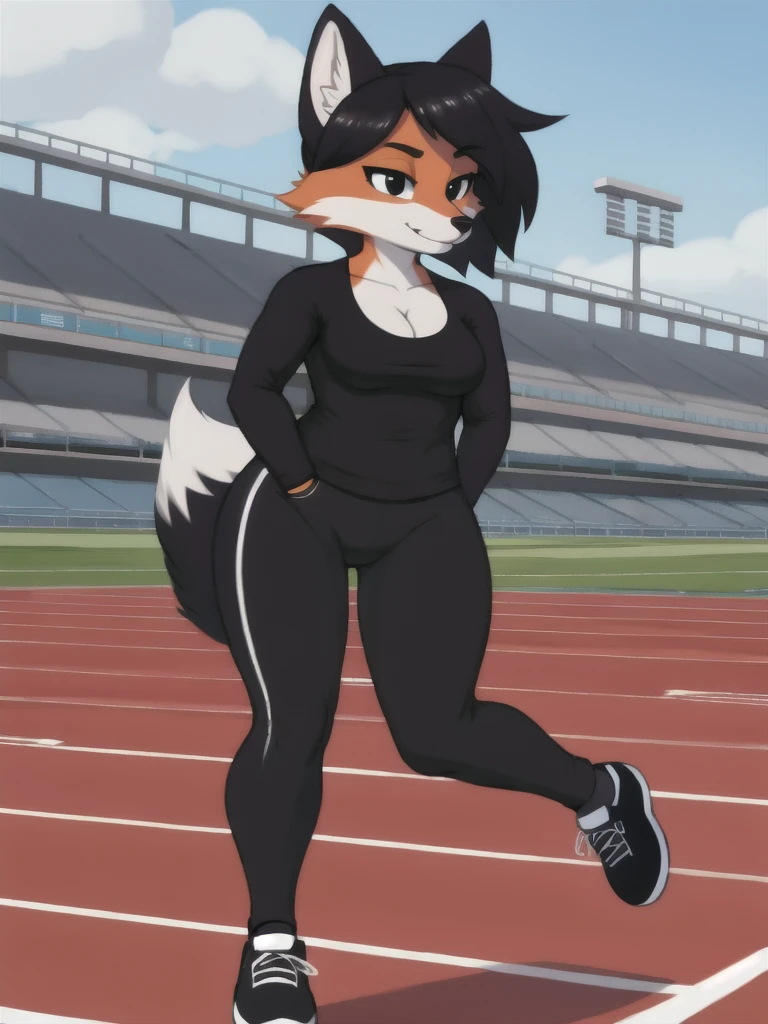 Furry, fox, female, black shirt, black leggings, shoes, running track, solo, full body