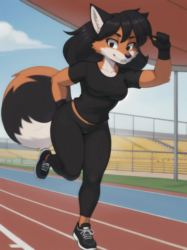 Furry, fox, female, black shirt, black leggings, shoes, running track, solo, full body