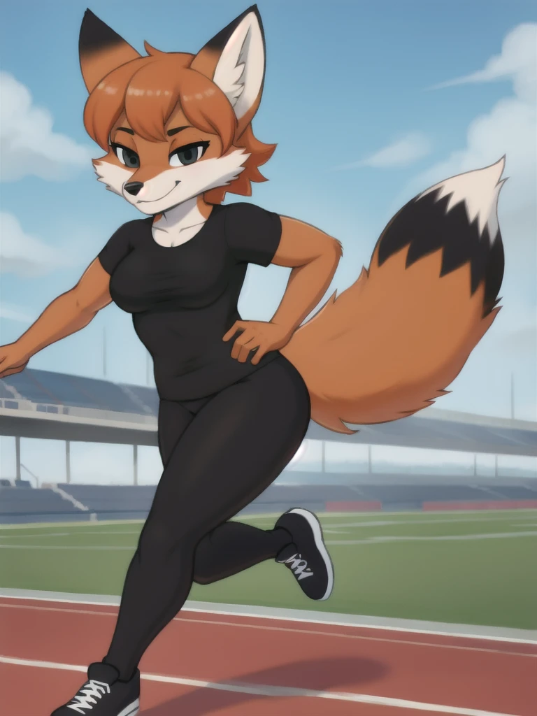 Furry, fox, female, black shirt, black leggings, shoes, running track, solo, full body