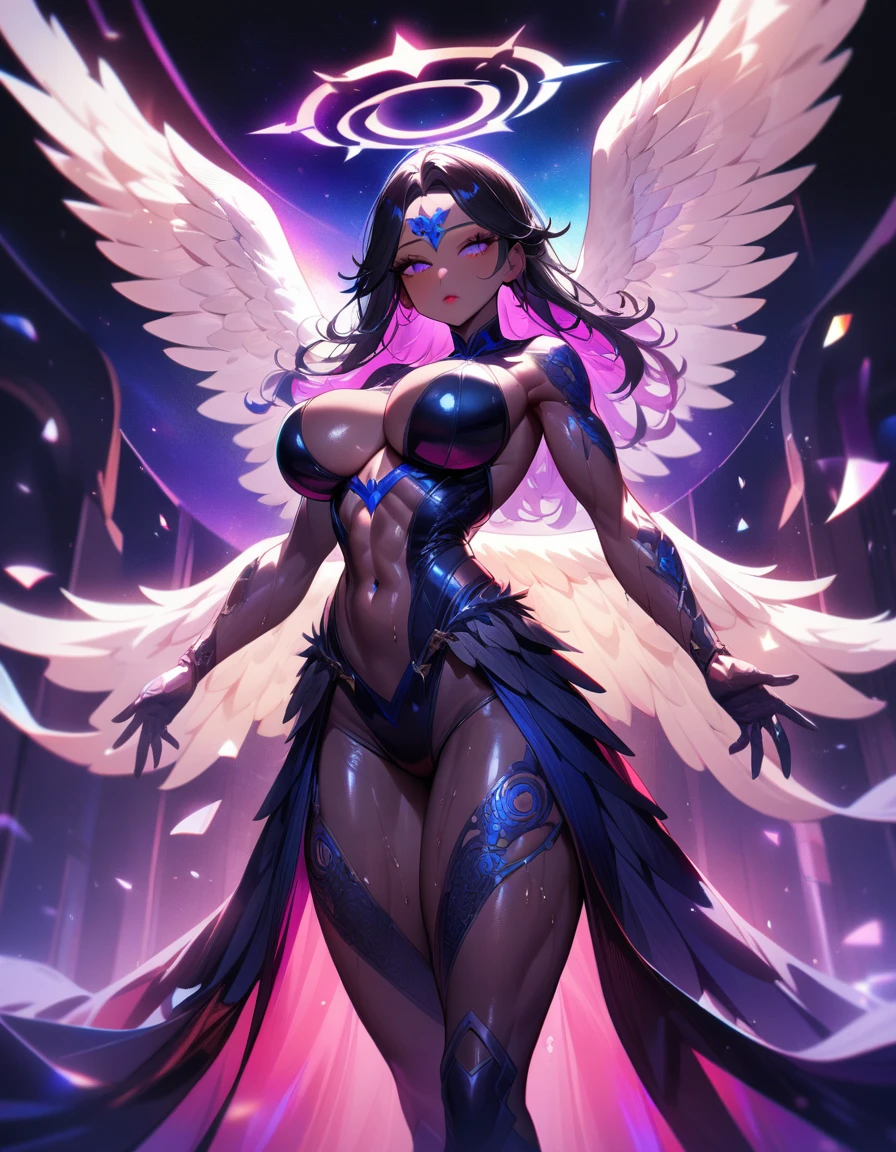 1girl,solo,super detailed skin,shiny skin,wet oily skin,expressionless,majestic wings,majestic angelic halo,angelic skin,deep detailed eyes,eyelashes,lips gloss,large breasts,beautifully shaped breasts, (abs:0.7),vibrant colors,wide shot,flying in the sky,magic circle,masterpiece,best quality,ultra detailed,high resolution,sharp focus