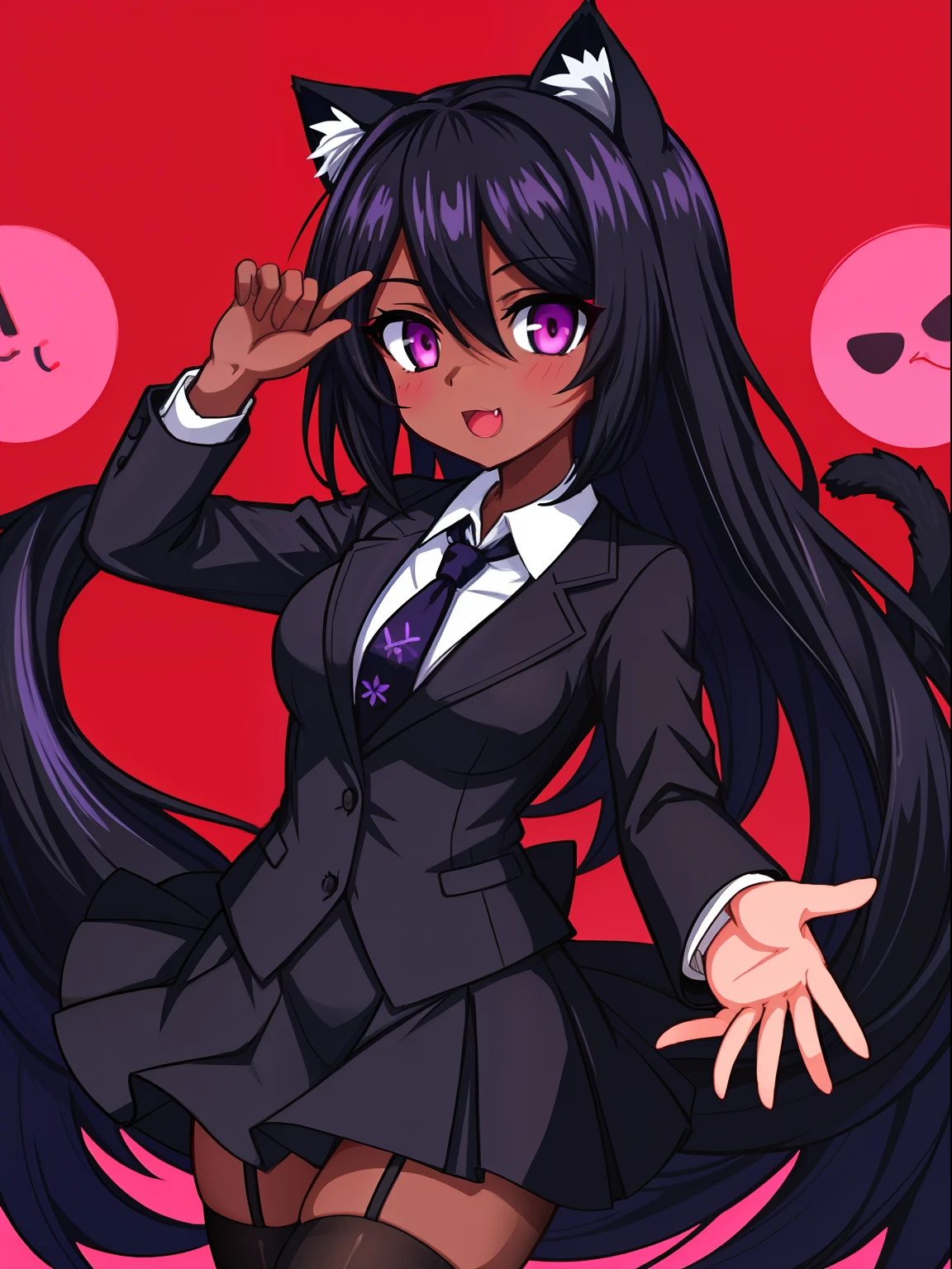 An elegant and sophisticated teacher playfully dresses up as an office lady in black stockings, Anime style portrait of a sexy, african baby, com Jet-black Hair, purples eyes, darkskin, black cat ears, 1 tail, perfect composition, 超detailded, 8k, high qualiy, perfects eyes, trending art, trend on artstation, sharp focus, studio photo, details Intricate, por tite kubo
 dancing, 