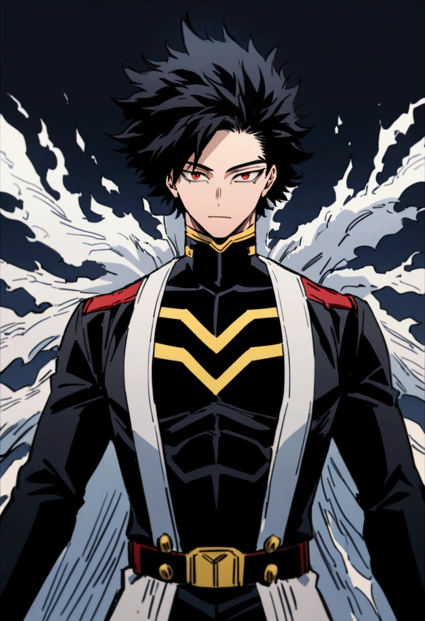 He is 22 year old teenager, He has slightly disheveled very black hair..., somewhat light red eyes, , muscular body , sexy face, He is dressed in the anime male uniform "my hero academia", detailed face, bright red eyes