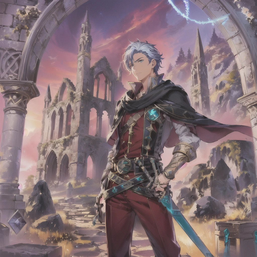 Close-up of a person standing in front of a building, Coriolios RPG Art Style, Kashmir Art, high detailed Official Artwork, Official character art, Key Anime Art, Official Art, Vivid RPG Portraits, Full Body RPG Portrait, Official character illustration, Epic light novel cover art, Handsome men from Demon Slayer, Emerald Envoy、16:9
