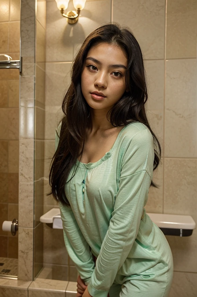 a 20 years old asian latina, girl, black hair, highly detailed face and beautiful clear green eyes, big natural , long hair, very seductive haughty eyes, luscious mouth, jaw line, in the bathroom, in cute pajamas