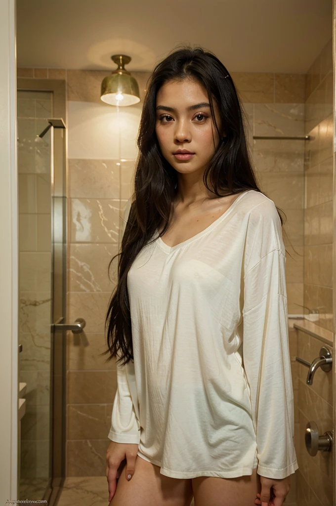 a 20 years old asian latina, girl, black hair, highly detailed face and beautiful clear green eyes, big natural , long hair, very seductive haughty eyes, luscious mouth, jaw line, in the bathroom, in cute pajamas