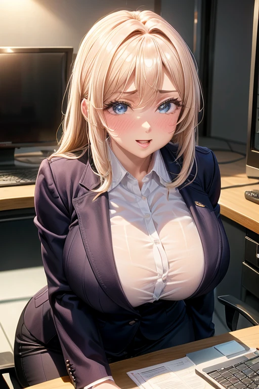 (((Skin exposed from disheveled uniform)))、((((seduce with sexual services))))、((((sitting and spreading her legs))))、Nipples protruding from the bra、((((feel shy))))、((a blond))、beautiful  Girl、Large beautiful breasts、cleavage of the breast、A slender、オマンコ、(((((Seduction while being shy)))))、(((s Office)))