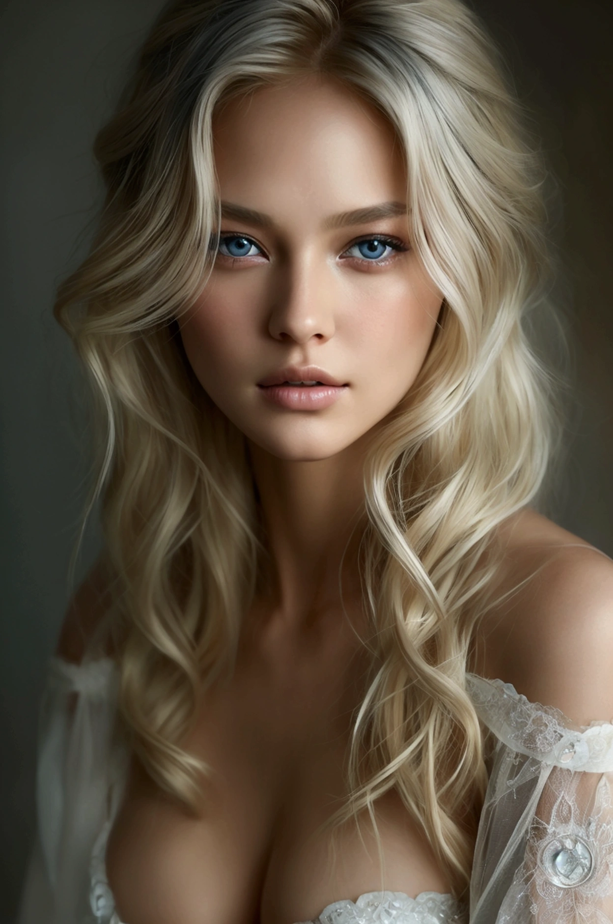 Beautiful supermodel woman with blonde hair, a lock of hair with a slight highlight, blue-gray eyes, mixed medium, full y boddy poses. photographed by Jingna Chang. --v 6