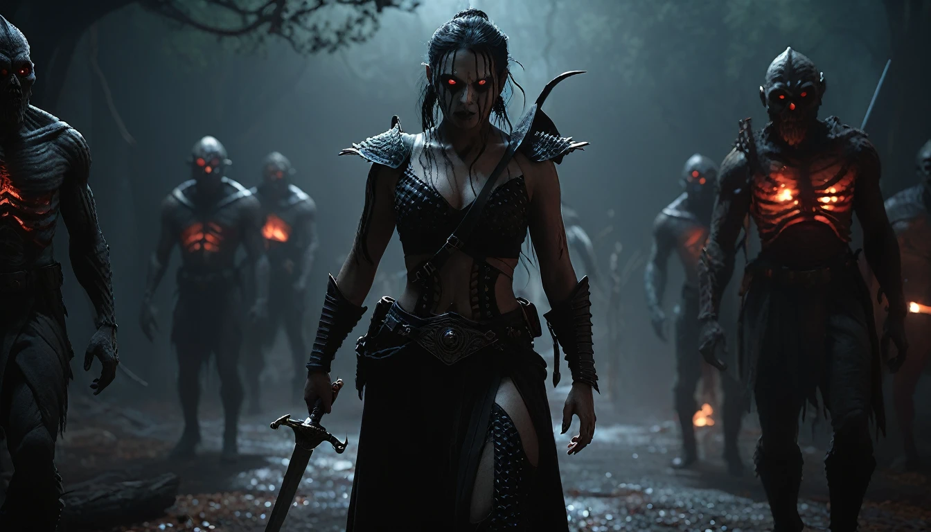 (3D rendering:3.1) in (medium full shot:3.1) in (back view:3.1) of lot of characters from a movie for slave girls from beyond infinity, inspired by Clyde Caldwell and Greg Rutkowski art, barbarian warriors with sword in battles against space creatures, monsters, daemons, aliens, mutant, with explosions, smoke and fire, (with Creepy, Sci-Fi, Fantasy and Horror:2.9) retro sci fi, Horror movie, very detailed body, moody, epic, senior artist concept art, artstation trends, high budget full body character design, bokeh, cinemascope, moody, epic, beautiful, film grain, grainy. Sinister, disturbing, dark, scary, suspenseful, gloomy, highly detailed, 3d rendering