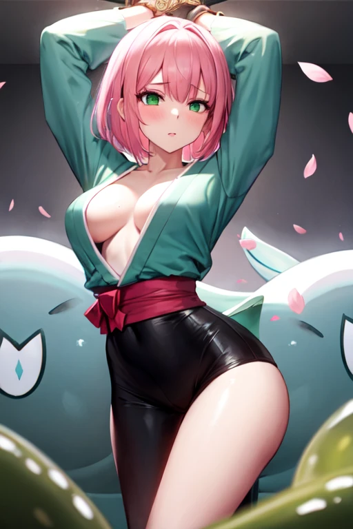 A 26-year-old light-skinned girl, waist-length light pink hair, green eyes, body worked by training medium chest and medium height, her kimono combines white and light pink tones, with some cherry blossom prints. She is embarrassed and tied up by a green slime with her arms up and her legs bent and spread while the slime creature envelops her and enters her clothes..