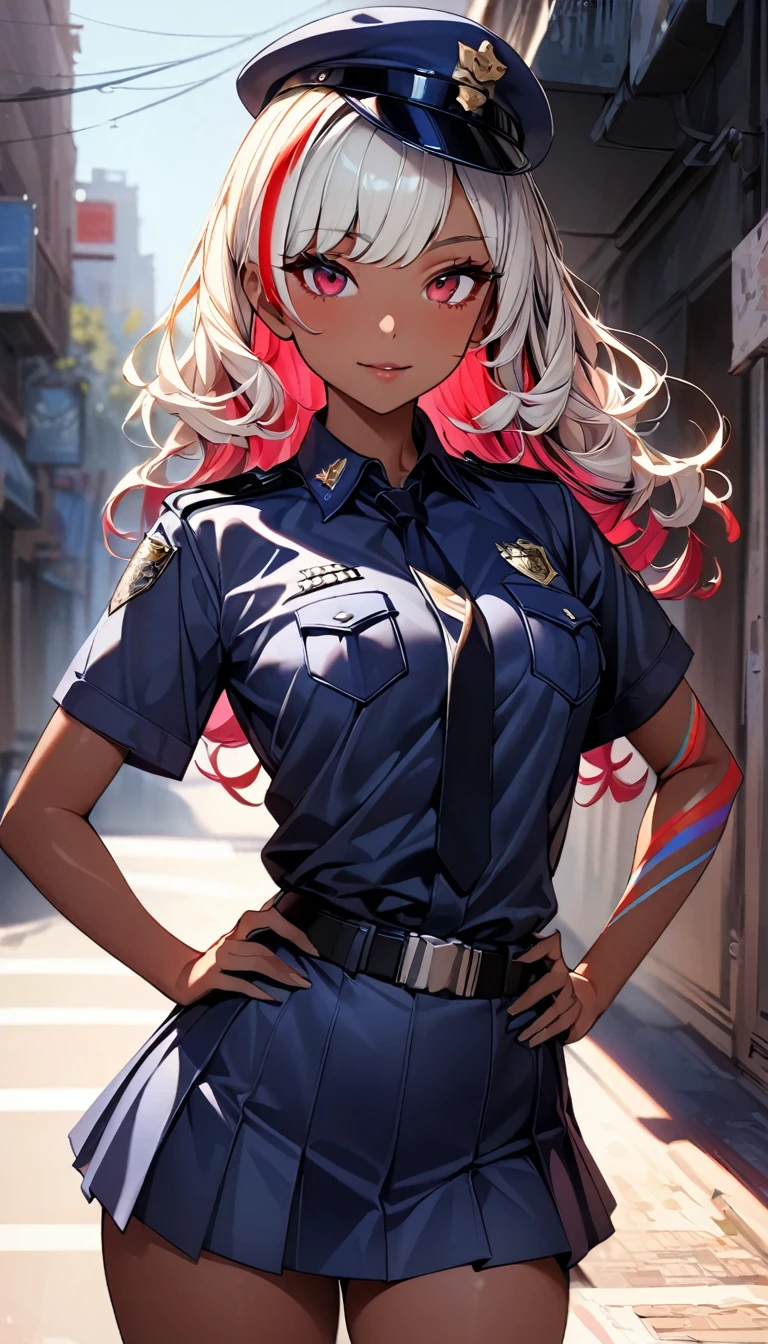 (highest quality:1.2, Very detailed, up to date, Vibrant, Ultra-high resolution, High Contrast, masterpiece:1.2, highest quality, Best aesthetics), Portraiture、girl、singer, solo, ((25-years-old:1)), Bright colors, Beautiful fine details、Beautiful lip detail、midium wave hair、red and white ((streaked hair:1.6)), highlights hair: 1.5, red eyes, slim body, meddium breast, (tan skin:1.1), ((Police Girl, sexy police uniform, mini Skirt, Cute and elegant)), (sexy police uniform), (police cap:1), (The background is a street corner:1.5), day, (Floral Fineline tattoo design on left arm:1), hand on own hip, (cowboy shot:1),