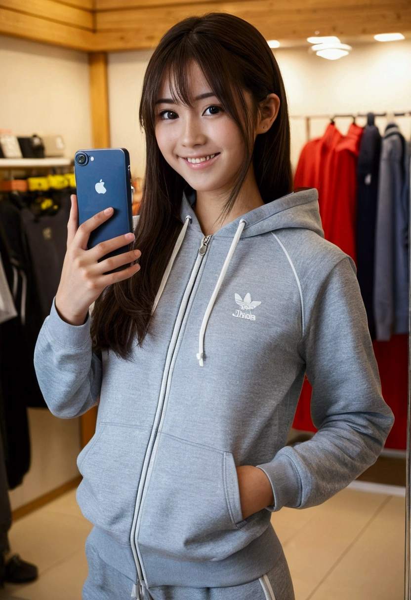 (Highest quality,masterpiece:1.3,Ultra-high resolution),(Very detailed,Caustics,8k),(Realistic:1.4,RAW shooting),1 girl,(Smiling and looking down at the camera)Wearing a tracksuit, summer, in front of a mirror, selfie, taking a picture of yourself in the mirror with a smartphone, semi-long hair, college student, very cute, Japanese, Japanese person, full body shot, inside a store, wide-angle lens