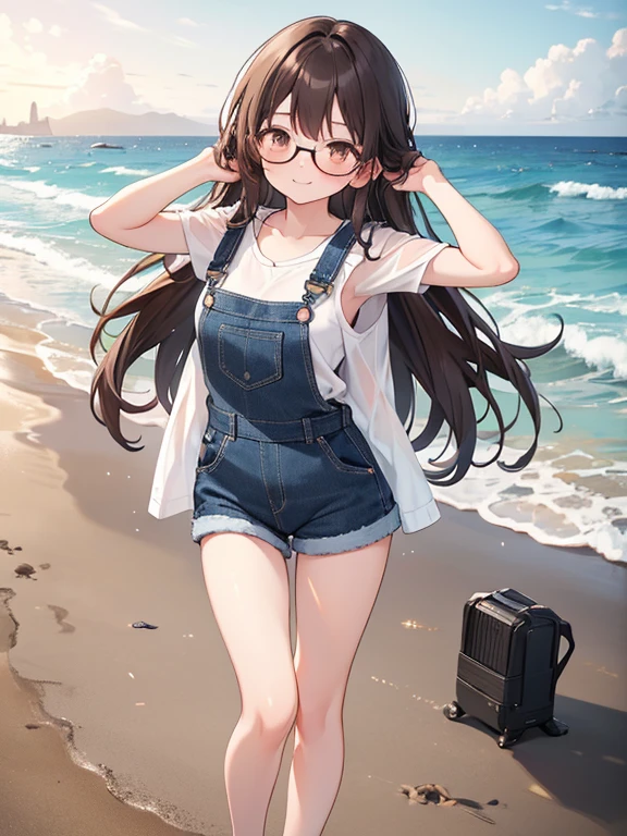 1 female、Brown hair、Brown eyes、Black frame glasses、seductive 、beautiful faces、perfect body。whole body, Best Quality、ultra detailed、8K resolution、photo and grosesa。running on the beach。barefoot, nightgown、denim shorts overalls。, a smile。