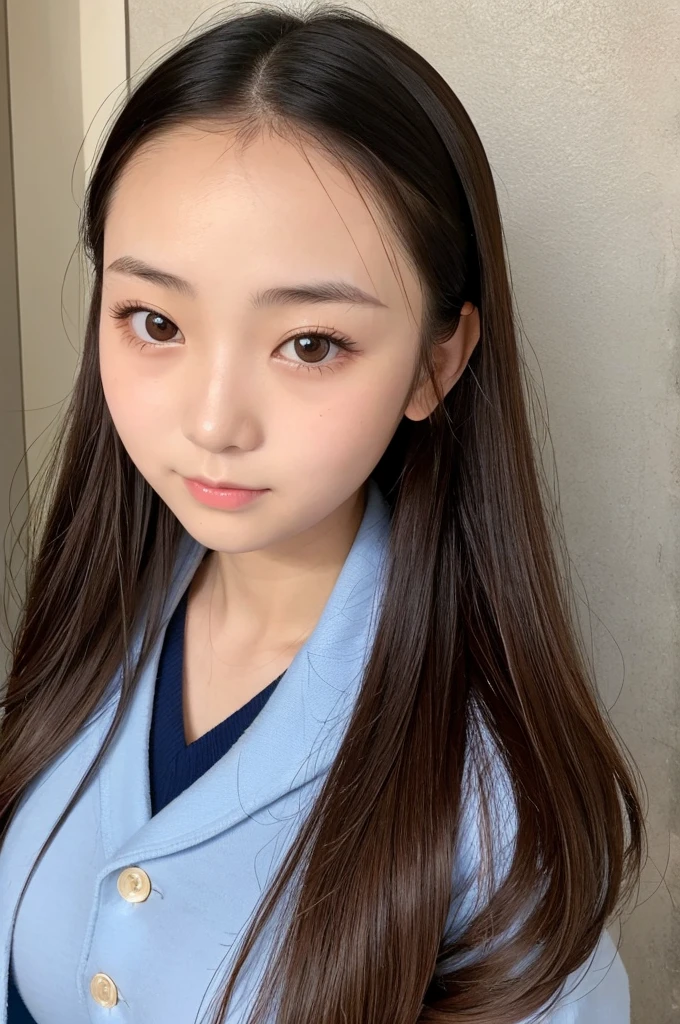 A Japanese girl with a round face, narrow eyes, large breasts and a hair style that exposes her forehead