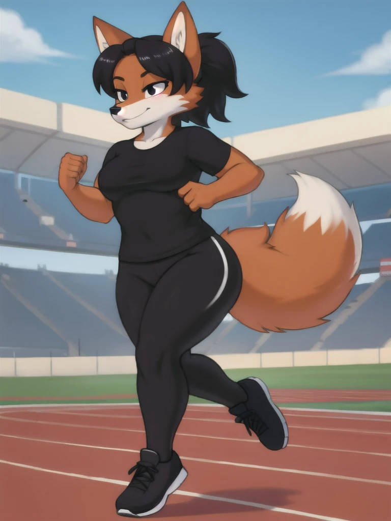 Furry, fox, female, black shirt, black leggings, shoes, running track, solo, full body