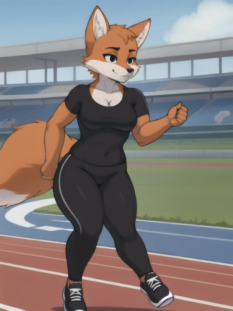 Furry, fox, female, black shirt, black leggings, shoes, running track, solo, full body