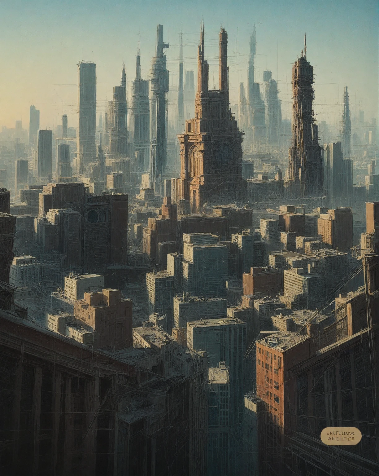 there is a drawing of a city with a clock tower, insanely highly detailed artwork, realistic painting of a complex, complex layered composition!!, expansive detailed layered city, realistic intricate concept art, big and structured valhalla city, multi layered huge architectures, insanely detailed art, atelier olschinsky, intricate cyberpunk city, intricate matte painting, intricate concept art