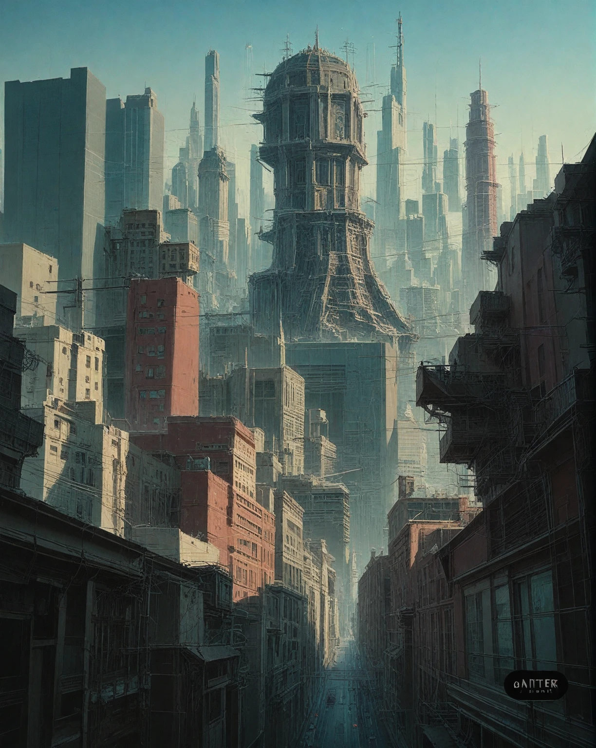 there is a drawing of a city with a clock tower, insanely highly detailed artwork, realistic painting of a complex, complex layered composition!!, expansive detailed layered city, realistic intricate concept art, big and structured valhalla city, multi layered huge architectures, insanely detailed art, atelier olschinsky, intricate cyberpunk city, intricate matte painting, intricate concept art