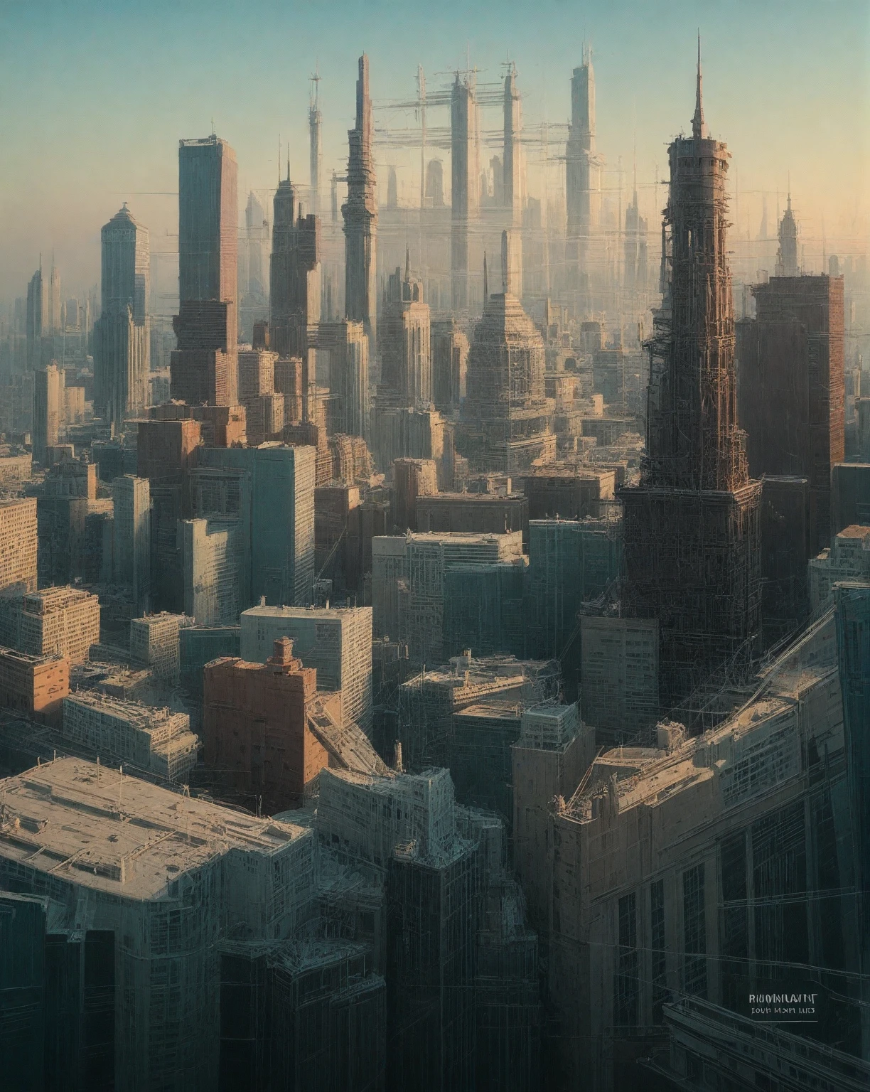 there is a drawing of a city with a clock tower, insanely highly detailed artwork, realistic painting of a complex, complex layered composition!!, expansive detailed layered city, realistic intricate concept art, big and structured valhalla city, multi layered huge architectures, insanely detailed art, atelier olschinsky, intricate cyberpunk city, intricate matte painting, intricate concept art