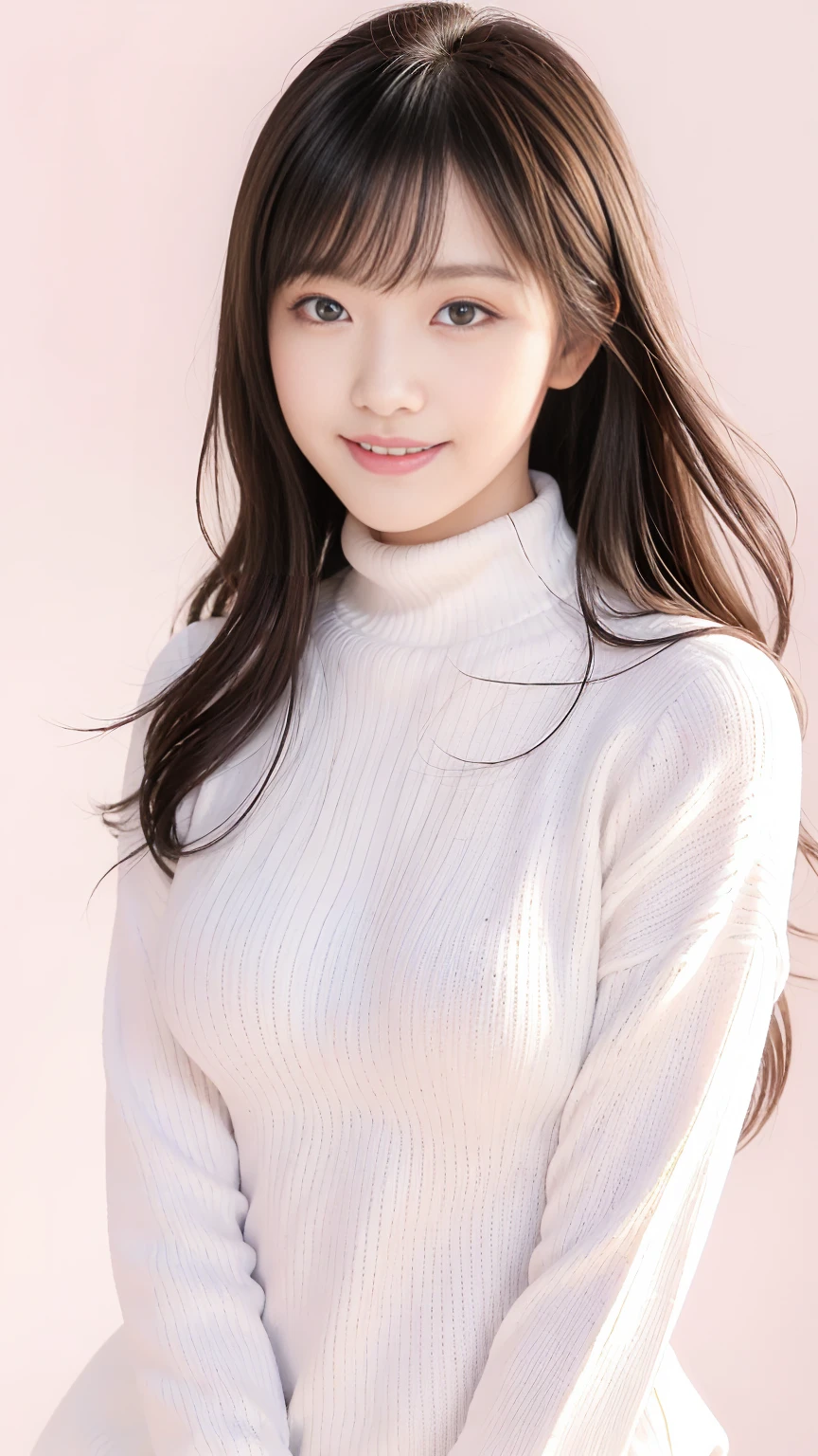 (Highest quality、Tabletop、8k、Best image quality、Ultra-high resolution、Award-winning works)、One beautiful woman、alone、Accurate anatomy、(Face close-up:1.2)、(The perfect white turtleneck long knit sweater:1.2)、Smooth long knit sweater、Relaxed oversized knit、(Voluptuous body:1.2)、(Big Breasts:1.2)、(Accentuate your body lines:1.1)、Ultra-high resolutionの艶と潤いのある美肌、Ultra-high resolutionの美しい顔、Ultra-high resolutionの煌めく瞳、Ultra-high resolutionの完璧な歯、Ultra-high resolutionの髪の毛、Look at me and smile、Perfect Makeup、Perfect and precise white knit、(Pale pink plain background:1.3)