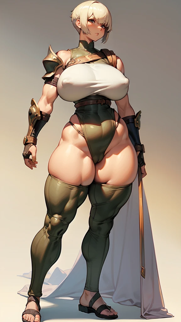 (masterpiece), best quality, female warrior, huge girl, female muscular:1.2, shoulder armor, pauldron, (((blank background))), ((full body)), fingerless gloves, sandals, sleeveless, covered nipples, ((buzzcut hairstyle)), golden hair, hair over eyes, (wide hips:1.6), thick thighs:1.7, ((camel toe)), (underboobs),