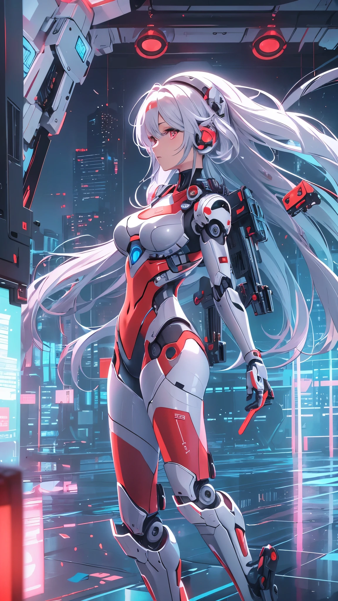 最high quality、best image quality、masterpiece、android girl((18-year-old、 By becoming、vest bust、medium bust,wide open breast tea、shining eyes, water hair、messy hair、long hair、thin,highest valley、white robot body、shining blue body、Close ~ eyes、All connected to cables、Show the whole body、robot arm、robot feet)),high quality、beautiful art、background((dark bio facility、dark room、high performance chair、Infrared Sensor、red lighting))、Flight、debris flies、Depth of written boundary、movie、visual art、perfect art、8K,genuine、
