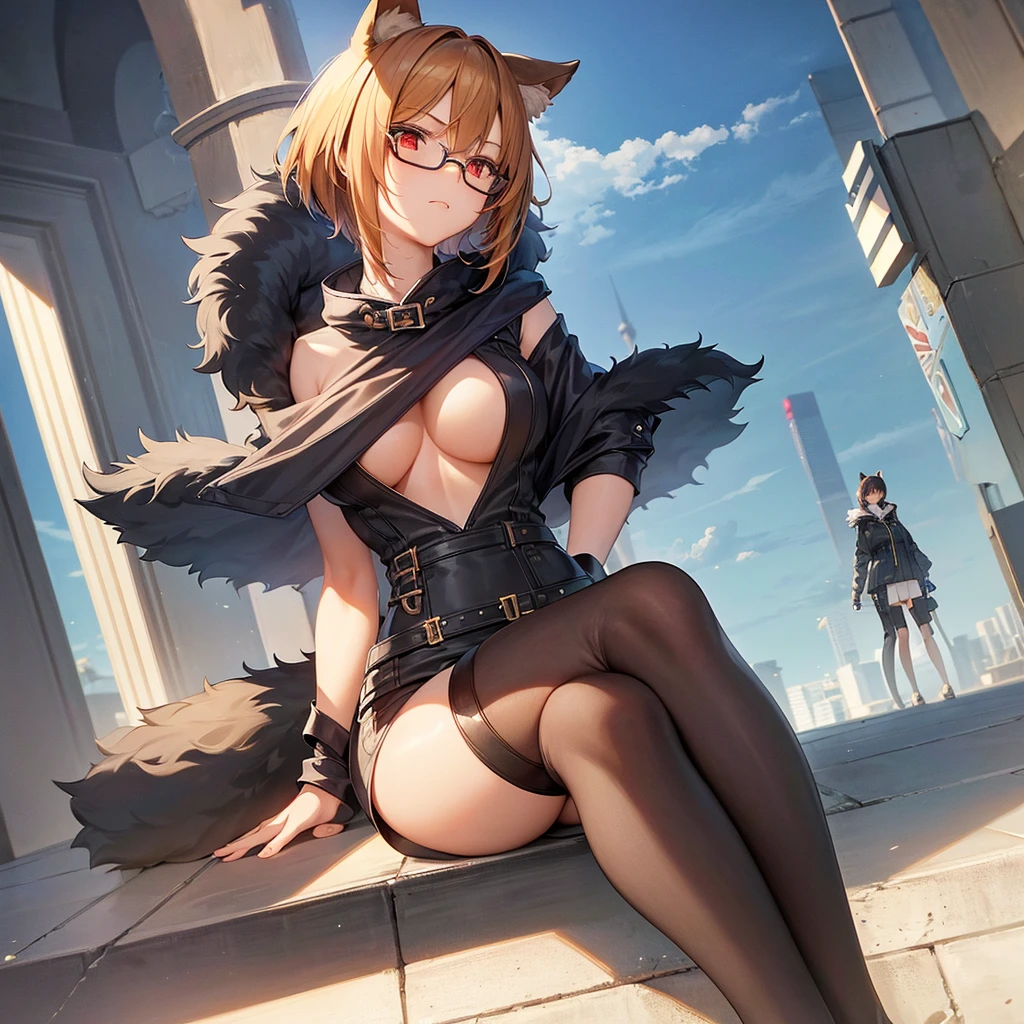 look up to, Perfect body, woman, mature female, very short hair, hime cut, parted bangs, light brown hair, streaked hair, extremely beautiful detailed anime face and eyes, arrogant smile, tareme, animal ears, ,p, large breasts, Red eyes, kunder-rim eyewear, fur trim, jacket|hoodie, black gauze skirt, black footwear, open jacket, aqua Clothes, dusk, dusk sky,