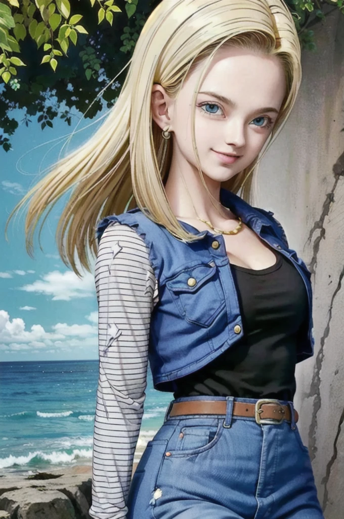 android 18,blonde hair, Long Straight hair, blue eyes, vest, black shirt, long sleeves, denim jacket, looking at viewer, smile Face, close up portrait, outside, beach, ocean, blue sky, trees, rocks, high quality, masterpiece,  sexy body, perfect breasts, slightly torn shirt on the chest