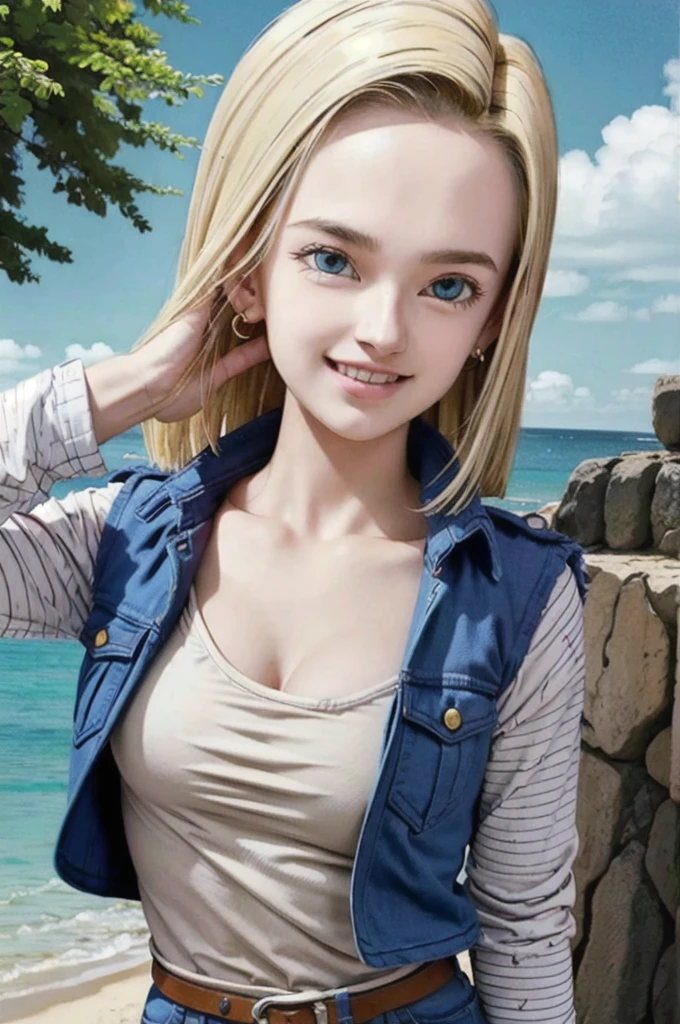 android 18,blonde hair, Long Straight hair, blue eyes, vest, black shirt, long sleeves, denim jacket, looking at viewer, smile Face, close up portrait, outside, beach, ocean, blue sky, trees, rocks, high quality, masterpiece,  sexy body, perfect breasts, slightly torn shirt on the chest